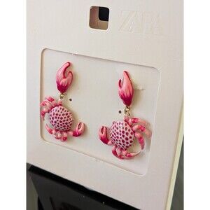 Zara Women's NWT Pink Red Crab Dangle Drop Enamel Earrings Coastal Beach Resort